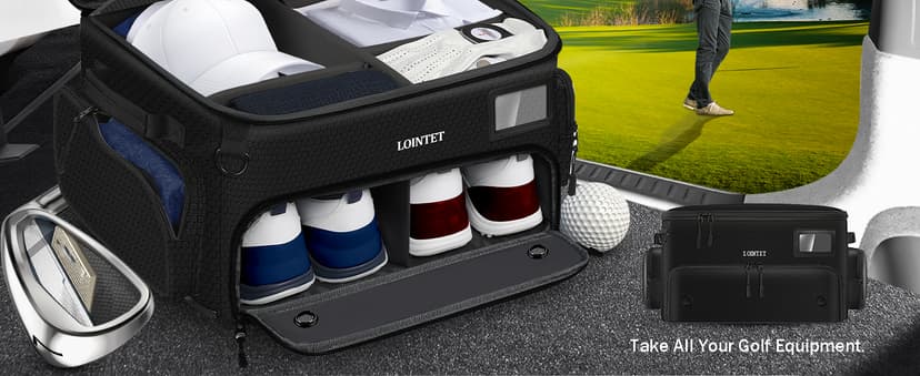 Golf Trunk Organizer, Waterproof Car Golf Locker with Separate Ventilated Compartment for 2 Pair Shoes, Golf Storage for Balls, Tees, Cap, Clothes, Gloves, Accessories, Gifts for Men, Women