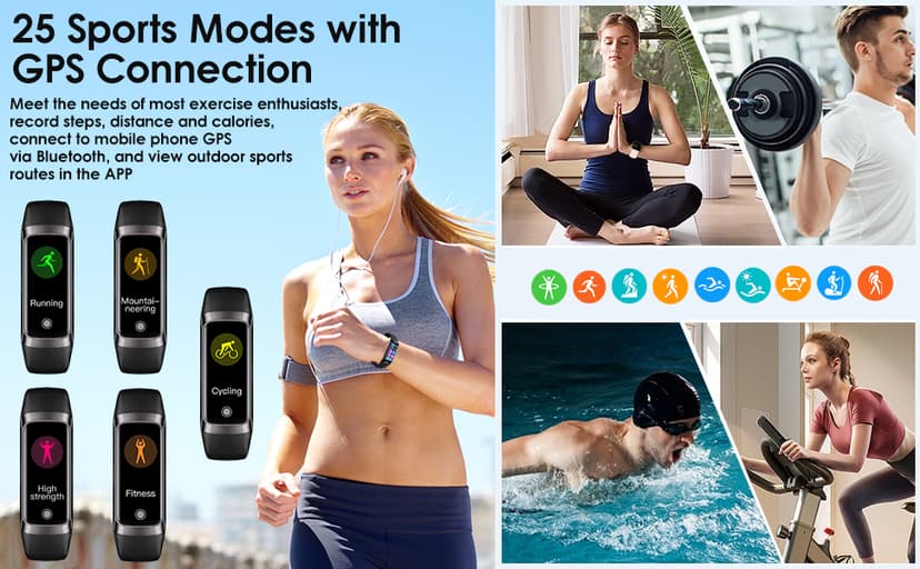 Fitness Tracker, 24/7 Heart Rate Blood Oxygen Blood Pressure Body Temp Monitor Sleep Calorie Tracker with 1.1" AMOLED Touch Color Screen Pedometer Smart Watch Waterproof for Women Men