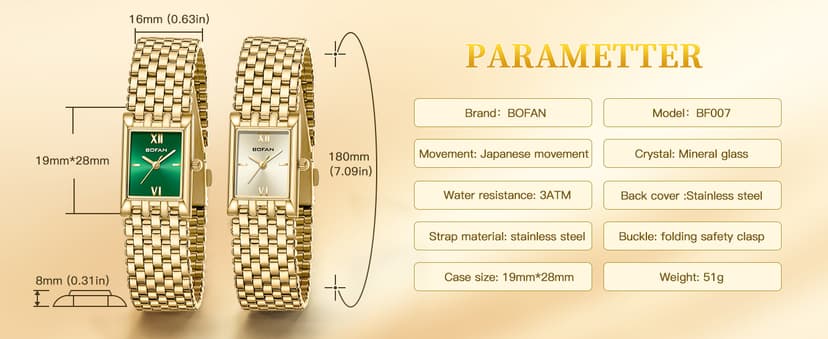 BOFAN Gold Watches for Women Luxury Ladies Quartz Wrist Watch with Stainless Steel Bracelet,Waterproof,Casual Fashion Square Dial.Band Adjustment Tool Included