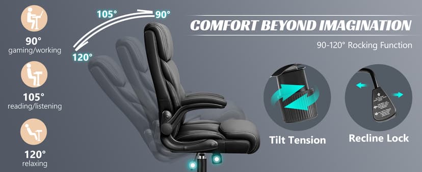 HeroSet Office Chair, Ergonomic Big and Tall Computer Desk Chairs, Executive Breathable Leather Chair with Adjustable Flip-up Armrests, Lumbar Support Swivel PC Chair with Rocking Function