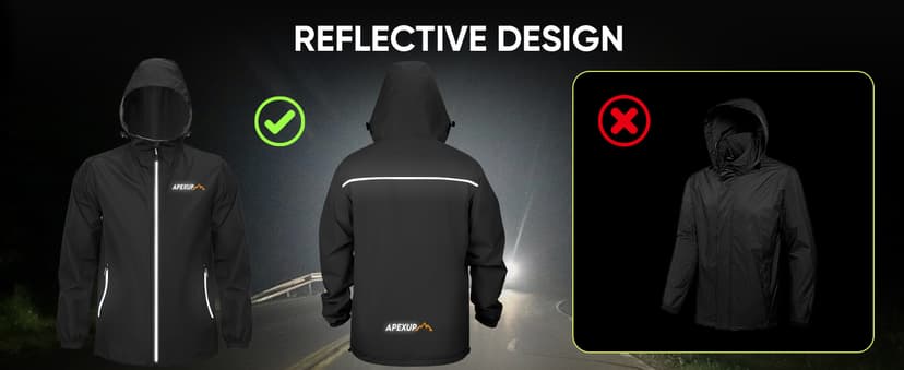 APEXUP Packable Rain Jacket Men with Reflective Zipper, Lightweight Waterproof Raincoat, Mens Rain Jacket for Outdoor Sports
