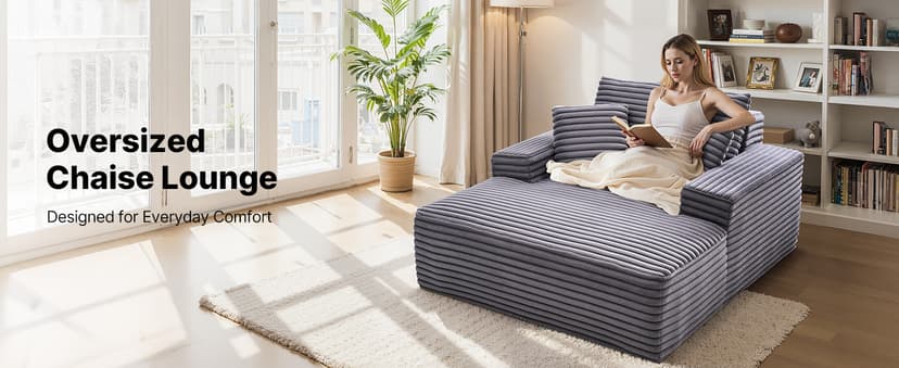 VEVOR Chaise Lounge Chair, 48 in Boneless Chaise Lounge Indoor, Modern Upholstered Oversized Reading Chair with Throw Pillows & Armrests, Sofa Couch Deep Seat Sleeper for Living Room, Bedroom, Balcony