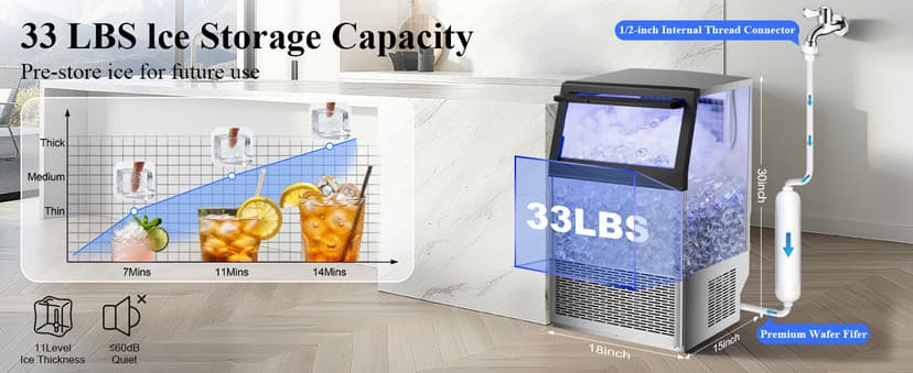 Commercial Ice Maker,200 lbs/24H,96 Cubes in 14 Mins,Stainless Steel Ice Machine with 33 lbs Storage Capacity,Water Filter,Self-Cleaning,Under Counter/Freestanding Ice Maker for Restaurant,Cafe,Home