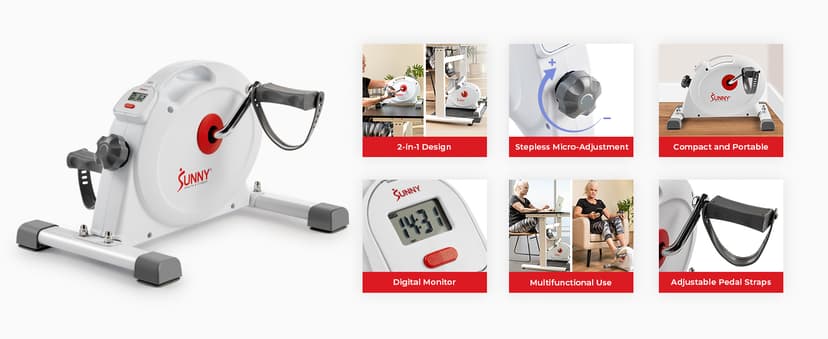 Sunny Health & Fitness Smart Under-Desk Bike Exerciser, Low-Impact Cardio Cycling Equipment for Home/Office, Mini Paddler for Arm/Leg Mobility Training, Free SunnyFit App Connect, Optional Motorized