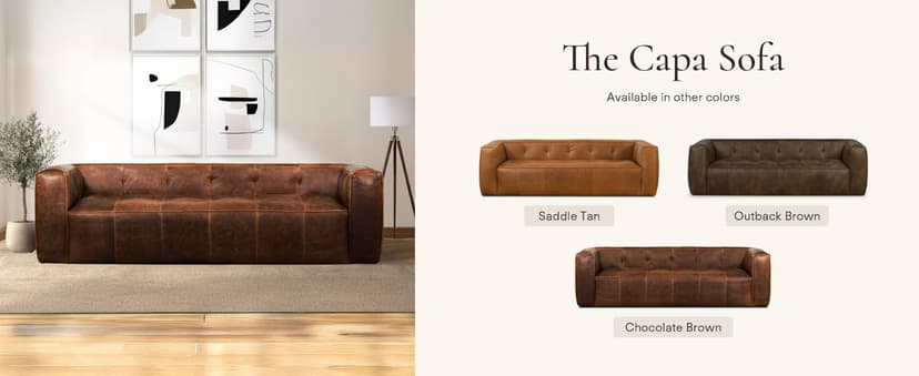 POLY & BARK Capa 96.5" Sofa – Chocolate Brown Full-Grain Pure-Aniline Italian Leather, Boxy Modern Design, Feather-Fiber Cushions, Solid Wood Frame