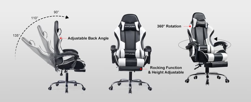 GTPLAYER Gaming Chair, Computer Chair with Footrest and Lumbar Support, Height Adjustable Game Chair with 360°-Swivel Seat and Headrest and for Office or Gaming (White)