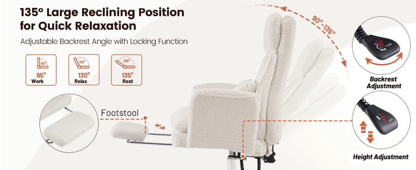Furniliving Criss Cross Office Chair with Armrests & Wheels, Big and Tall Office Chair with Footrest, Flip Armrests for Pets, Wide Seat Cross Legged Desk Chair, Ergonomic Computer Chair, Teddy, White