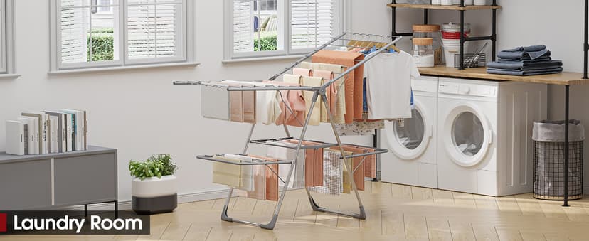 Sakugi Clothes Drying Rack, Foldable 2-Level Laundry Drying Rack with Height-Adjustable Wings, for Clothing & Bedding, Free-Standing Space-Saving Rack, Indoor & Outdoor, 55.5" L × 22.8" W, Gray