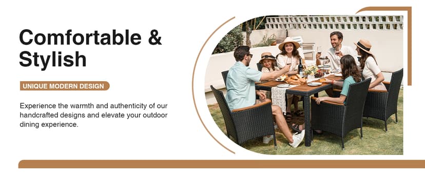 Devoko Dining 7 PCS Furniture, Patio Conversation Set with Acacia Wood Table Top, Outdoor, Beige Cushion and Black Rattan