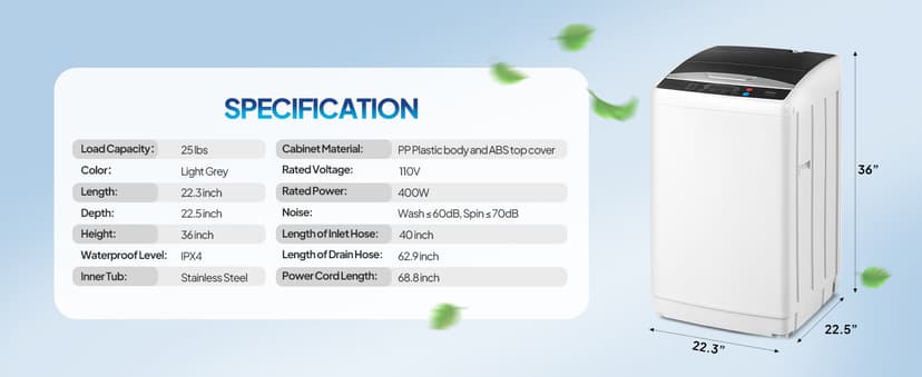 ROVSUN 25LBS Full Automatic Washing Machine and 2.6CuFt Portable Clothes Dryer Set, Electric Laundry Washer and Dryer Combo Set with Stainless Steel Inner Tub, for Apartment, Dorms, Home