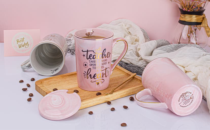 Unique Teacher Appreciation Gifts for Women - Best Teachers Christmas Mug for Teachers from Student, 14Oz Pink Marble Ceramic Gold Print Teacher Cup, Birthday Retirement Graduation, Nice Gift Boxed