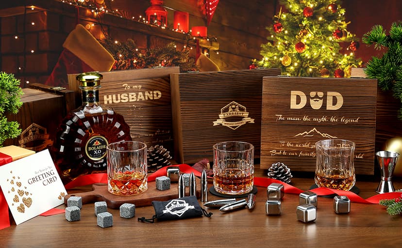 Whiskey Stones Gift Set - Whiskey Glass Set of 2 - Granite Chilling Whiskey Rocks - Scotch Bourbon Box Set -Father's Day Birthday Gifts for Men Drinking Gift for Dad Him Husband Party Holiday Present