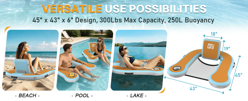 Adults Inflatable Pool Float Chair, Floating Lounger with Cup Holder, 100° Fixed Backrest, Breathable & Sinking Mesh Seat, Inflatable Lounger Float for Swimming Pool/Beach/Lake/Party