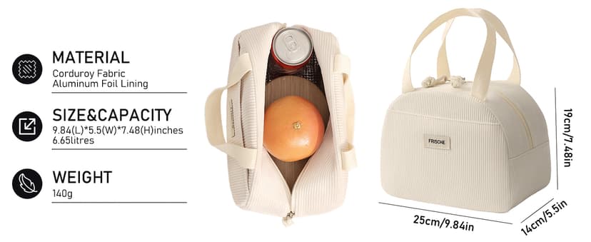 Baglemon Lunch Bag for Women Men Cute Corduroy Lunch Tote Bags Reusable Insulated Lunch Box Large Capacity Reusable Insulated Cooler for Work/Picnic/Travel