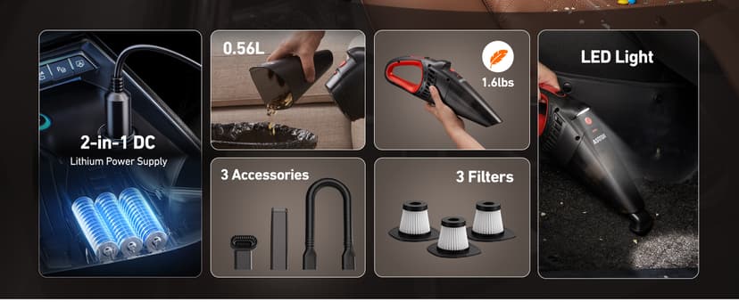 AstroAI Handheld Car Vacuum Cordless with Accessories, Portable Vacuum Cleaner with 12V DC Power, LED Light, Brush, Extended Suction Pipe, Hose, Mini Handheld for Car, Home, Office, and Pet Hair, Red