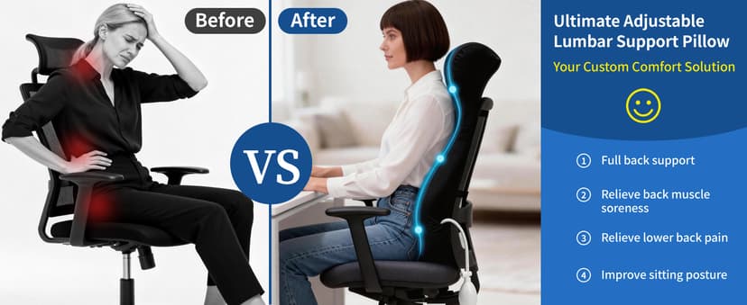 27.7'' Adjustable High Lumbar Support Pillow for Office Chair, Full Back Support Pillow for Upper Lower Back Pain Relief, Memory Foam Lumbar Cushion for Desk, Gaming Chair, Couch, Improves Posture
