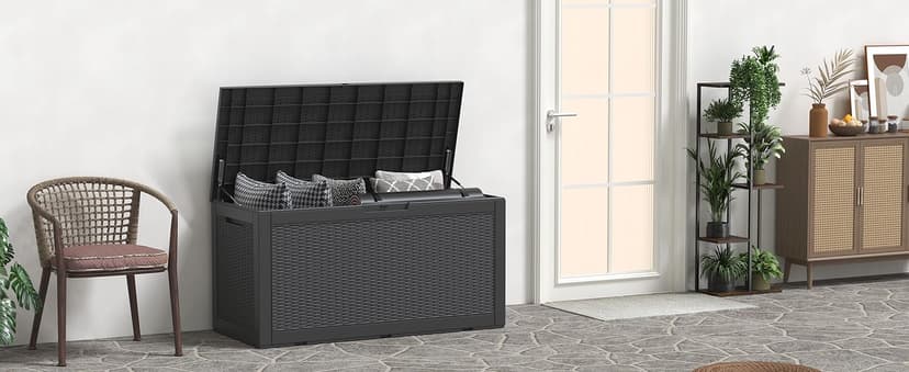 100 Gallon Outdoor Storage Box, Resin Deck Boxes Outdoor Waterproof For Patio Furniture, Garden Tools, Pool Supplies, Lockable And UV Resistant (Rattan Black)