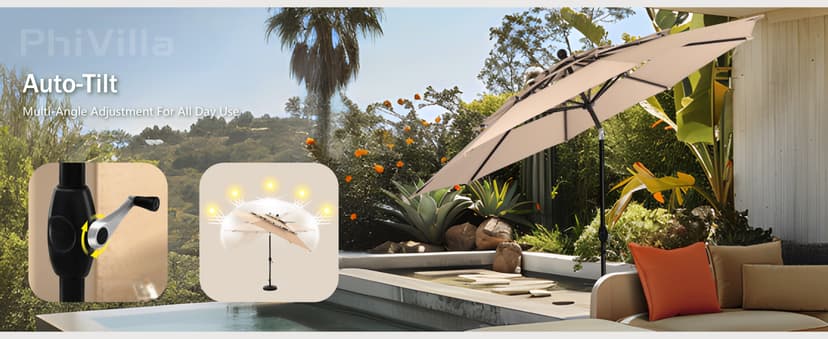 PHI VILLA 5 Pieces Outdoor Dining Set for 4 with Umbrella, 42" Large Round Metal Steel Table & Stackable Iron Chairs with Cushions & 10ft Beige Umbrella, Modern Furniture for Patio, Deck, Yard, Porch