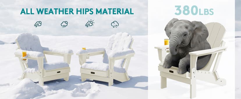 SERWALL Folding Adirondack Chair Set of 2, All Weather Patio Chair with Wood Texture, Fire Pit Chairs for Outdoor - White