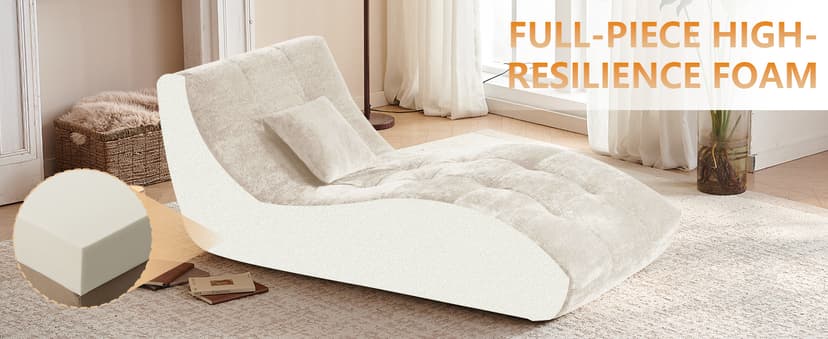 Chaise Lounge Chair with Curved Back, Modern Upholstered Recliner Sofa, Tufted Accent Lounger Comfortable Lazy Chair for Bedroom, Apartment (Beige)