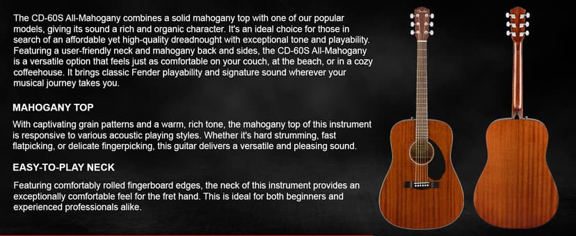 Fender CD-60S Solid Top Dreadnought Acoustic Guitar - All Mahogany Bundle with Gig Bag, Tuner, Strap, Strings, Picks, and Austin Bazaar Instructional DVD
