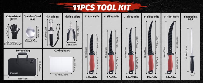 Goture Fillet Knife Fishing Kit,Bait Knife and Filet Knives with Sheath,Sharpening Rod,Fish Lip Gripper,Fishing Pliers,Cutting Board,Gloves,Stainless Steel Soap,Portable Storage Bag,Gifts for Men
