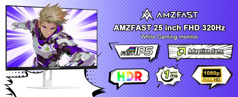Amzfast 25 Inch White Gaming Monitor 320Hz/300Hz/240Hz, FHD 1080P 1ms Fast IPS Monitor, 12 Months Warranty Exchange (DP Cable) TÜV Rheinland Eye Care | AI Crosshair, Night Vision Function