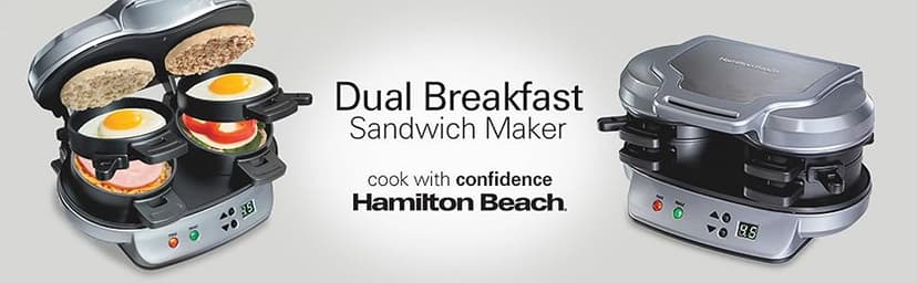 Hamilton Beach Dual Breakfast Sandwich Maker with Timer, Ready in 5 Minutes, Removable Dishwasher Safe PFAS-Free Non-Stick Egg Cooker Ring, Silver (25490MNA)