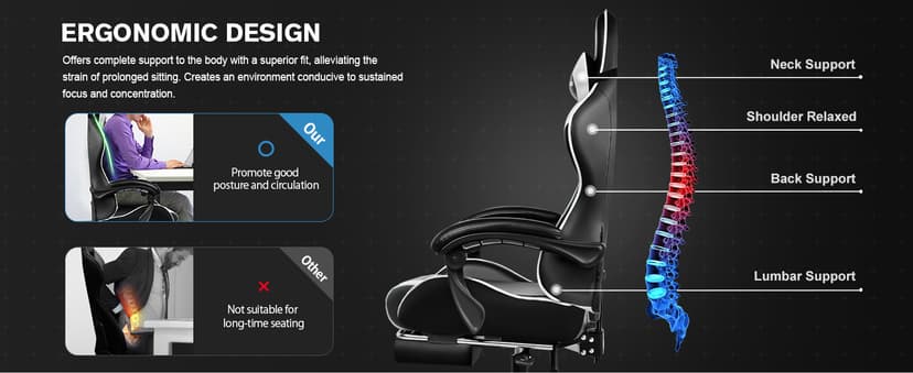GTPLAYER Gaming Chair, Computer Chair with Footrest and Lumbar Support, Height Adjustable Game Chair with 360°-Swivel Seat and Headrest and for Office or Gaming (White)