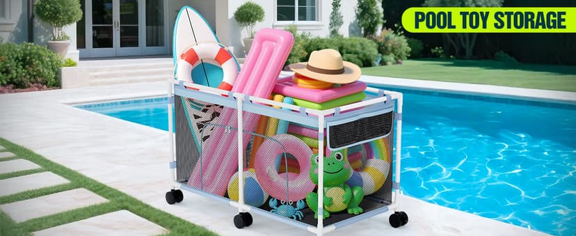 Pool Float Storage - Outdoor Pool Toy Storage Organizer for Pool Noodles, Toys, Floats, Beach Balls, and Equipment, Above Ground Pool Accessories, Rolling Outdoor Pool Storage Bin with Zipper Design