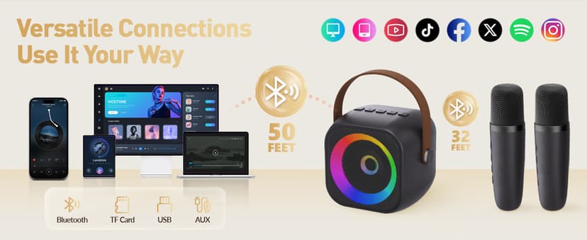 360° Surround Sound,5 Voice Effects,Bluetooth 5.0,LED Lights, TF/USB/AUX, For Kids and Adults, Family Home Party and Gifts Mini Karaoke Machine,Portable Bluetooth Speaker with 2 Wireless Microphones B0CNX6MMK3