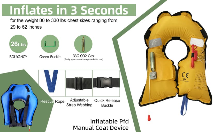 Manual Inflatable Life Jacket| Inflatable PFD Vest Adult| Life Vest for Adults| Outdoor Water Sports| Supports up to 330 lbs|33g of Carbon Dioxide Cylinder