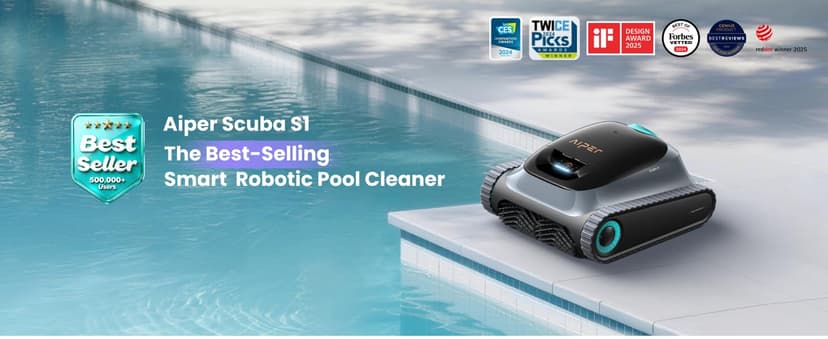 (2025 Upgrade) Aiper Scuba S1 Robotic Pool Cleaner, Wall & Waterline Cleaning, Double Filtration, Extended 180-Min Battery Life, Smart Navigation, App Support, OTA Upgrade