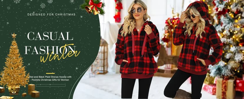 ReachMe Womens Oversized Sherpa Pullover Hoodie with Pockets Fuzzy Fleece Sweatshirt Plaid Fluffy Jacket Coat