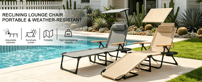 Folding Lounge Chair with Canopy, Tanning Chair with 4-Position Reclining Back, Folding Sun Lounger, Outdoor Lounge Chair for Beach, Poolside, Backyard, Camping, UPF 50+ Sun Shade, 300 LBS