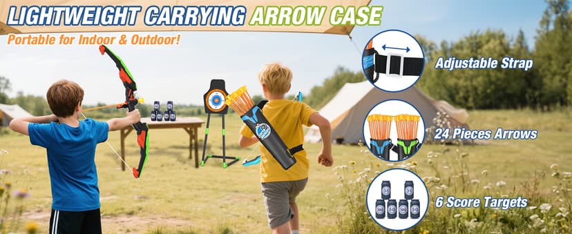 2 Pack Bow and Arrow for Kids, LED Light Up Archery Set with 24 Suction Cup Arrows, 1 Standing Target, 6 Score Targets & 2 Quiver, Indoor Outdoor Sport Gifts for Boys Girls Ages 4-8