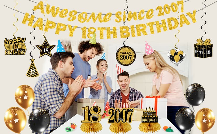 11Pcs 18th Birthday Decorations Kit for Men Women, Black Gold Happy 18th Birthday Banner, Awesome Since 2007 Centerpieces Swirls Party Supplies, Eighteen Bday Banner Ceiling Table Topper Sign