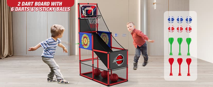 HYES Basketball Arcade Game Indoor Outdoor, Kids Basketball Hoop with 4 Balls & Pump, Single Shot Basketball Game at Home, Carnival Games Sport Toys for Boys Girls Teens