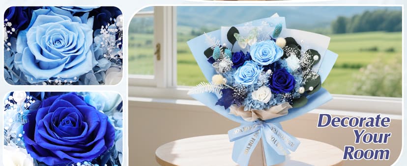 Casaido Preserved Flowers for Delivery, 6 Blue Roses Bouquet, Birthday Gifts for Women, Christmas Rose Gifts for Mom Wife Girlfriend, Forever Real Flowers for Valentines Day Anniversary