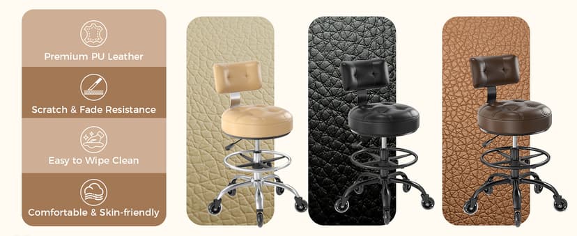 Office Drafting Chair with Footrest, Tall Height Adjustable Stool with Back Support, Heavy Duty Rolling Stool Chair with Wheels for Office Home Kitchen Bar Shop Guitar Studio Vanity, Brown