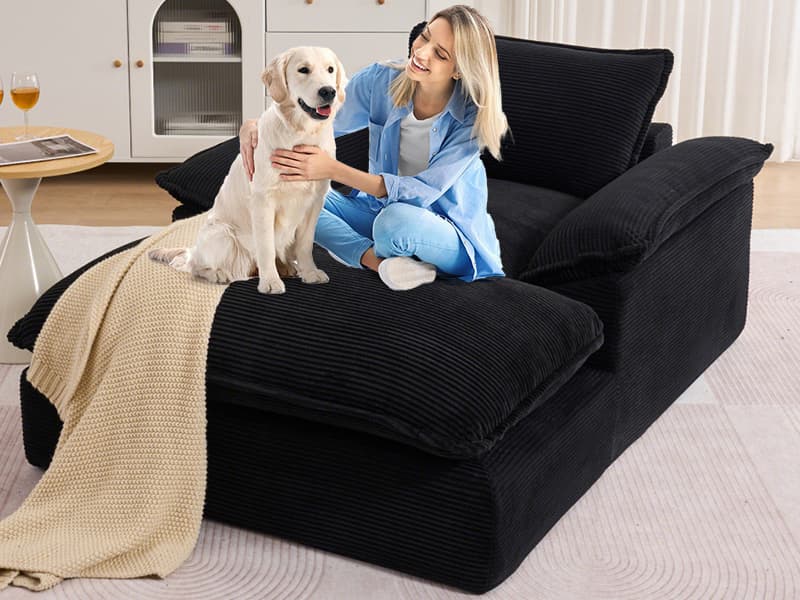Oversized Chaise Lounge Chair Indoor, 67" Boneless Chaise Lounge with Extra Deep Seat, Comfy Corduroy Upholstered Sleeper Sofa Bed, Cozy Fluffy Single Sofa Armchair for Living Room, Black