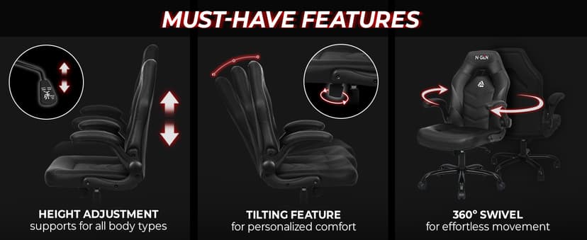 N-GEN Video Gaming Chair Ergonomic Computer Desk Office Chair with Lumbar Support Adjustable Height Swivel Wheels Flip-Up Arms PU Leather Home and Office (Black)