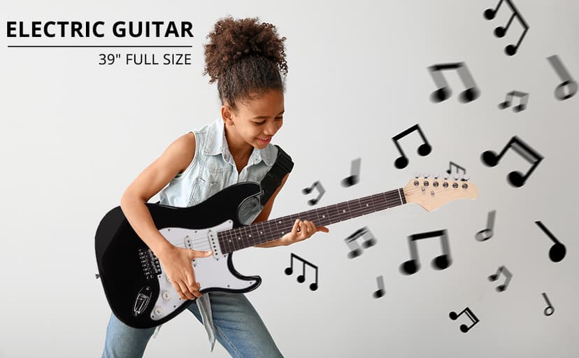 Ktaxon 39 Inch Electric Guitar, Full-Size Beginner Solid Body Electric Guitar Kit with Gig Bag, Strap, Tremolo Bar, Cable & Picks (Black)