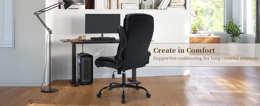 Office Chair, Executive Leather Office Chair with Lumbar Support & Flip-up Armrests, Ergonomic Adjustable High Back Swivel Chair with Rocking Function (Black)