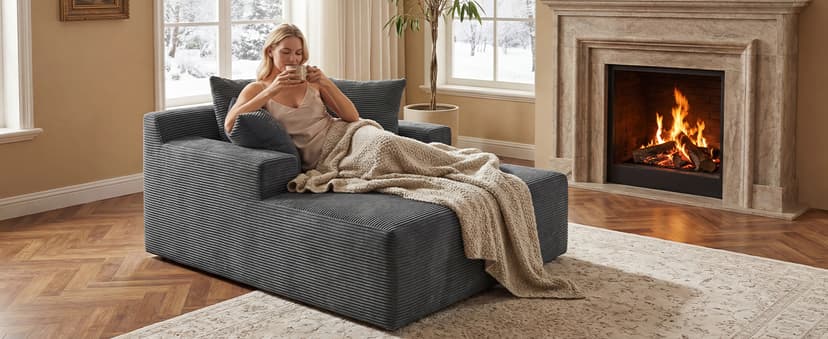 66" Chaise Lounge Chair Indoor, Oversized Boneless Lounge Chair with 3 Pillows, Corduroy Cloud Reading Chair for Living Room Bedroom, Deep Seat Sleeper Couch, No Assembly Required