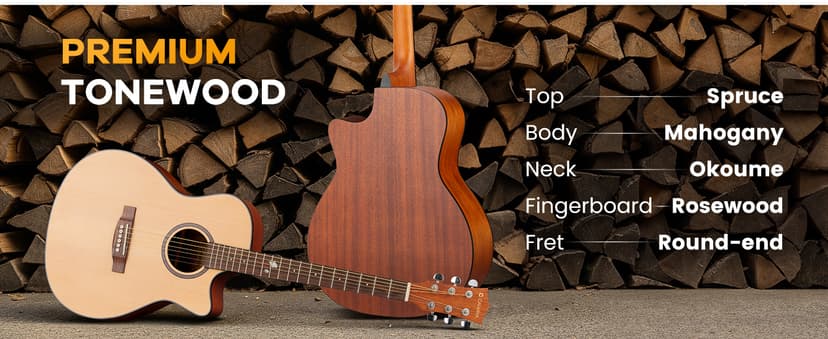CAHAYA Acoustic Guitar Beginner Set - 41" Full Size Spruce Top Mahogany Body with Okoume Neck Rosewood Fingerboard, GA Cutaway Design, Balanced Rich Tone with Gig Bag, Strap, Capo, Strings & Picks