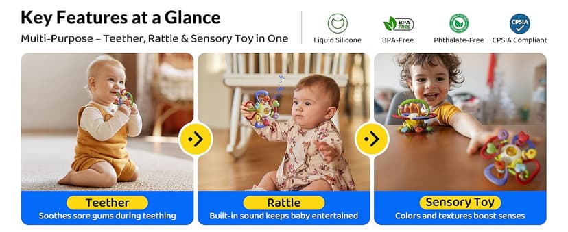 Baby Montessori Sensory Teething Toy - Safe, Multi-Functional BPA-Free Silicone Teether for Babies 0-12 Months - Teething Relief & Fun Play with Rattle - Perfect Baby Toys for Boys & Girls