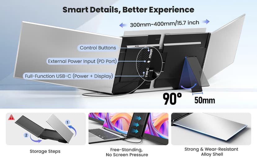 One Cable Laptop Screen Extender, 15.6” Ultra-Slim Triple Portable Monitor, 1080P FHD IPS Display, USB-C/USB-A Connection, Travel Monitor for 13–17.3" Laptops, MacOS/Windows/Android