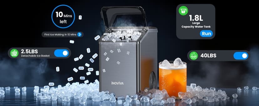 inoviva Nugget Ice Maker Countertop, 40lbs/24H Soft Chewable Pellet Ice Machine with Self-Cleaning, Sonic Ice Maker for Home Kitchen, Office - Black Stainless