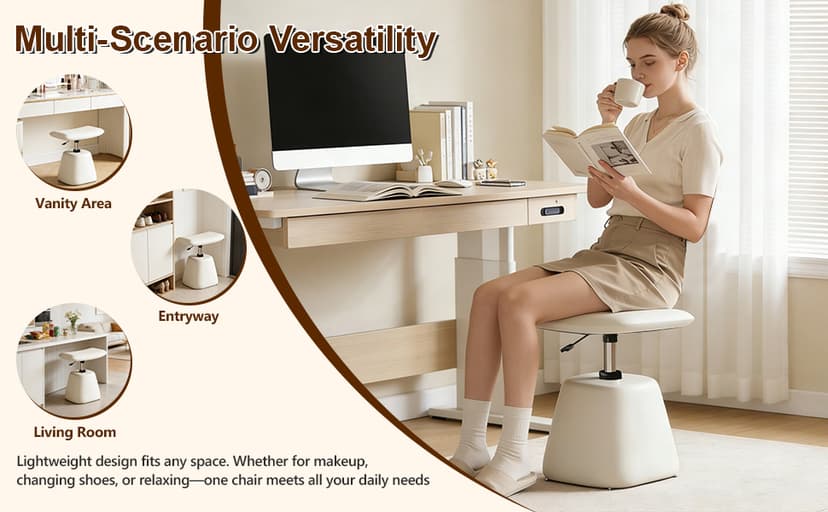 Modern Small Vanity Chair with Armless for Small Space, Entryway, Cute Swivel Makeup Chair with Adjustable Height, PU Leather Upholstered Home Office Desk Chair for Living Room, Bedroom, Vanity
